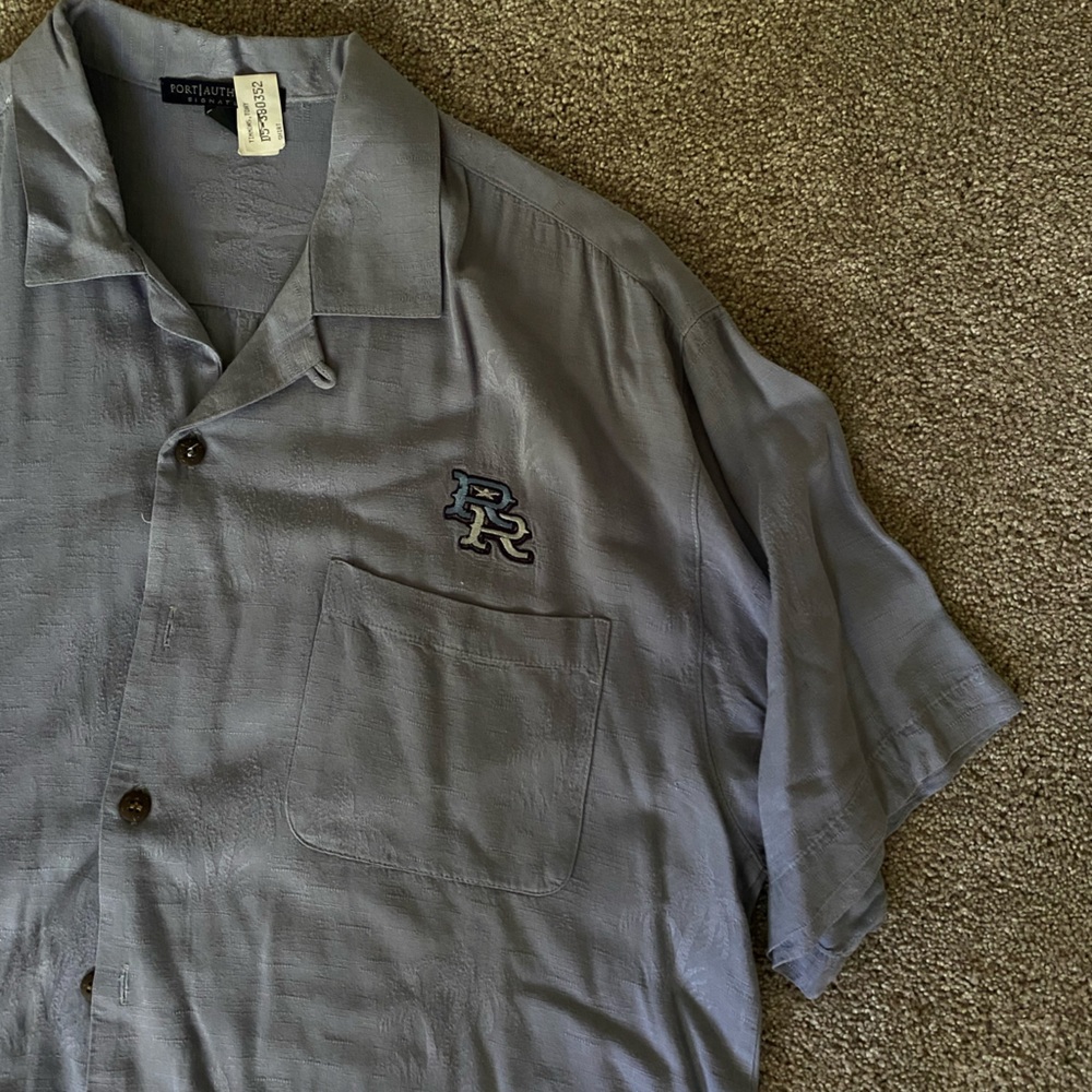 PORT AUTHORITY Linen / Silk Button Down Short Sleeve Shirt Blue